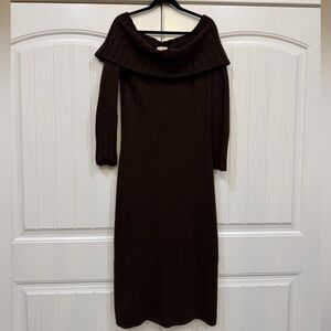 Brown off the shoulder midi sweater dress
